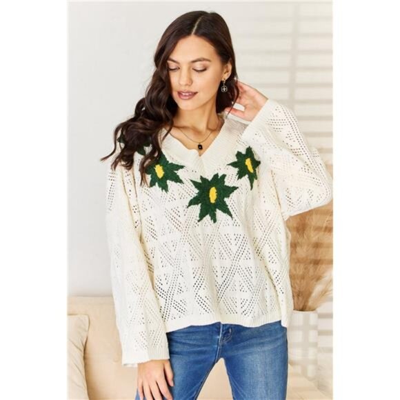POL Floral Embroidered Pattern V-Neck Sweater - Picture 1 of 6